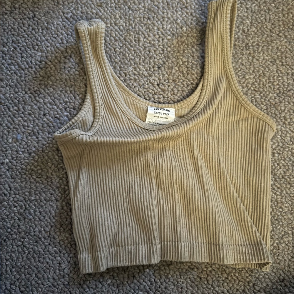Ribbed Scoop Neck Tank Top - Beige